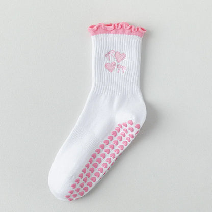 Elevate Your Yoga Practice with Stylish Cherry Embroidered Cotton Yoga Socks - Non-Slip Grip for Ultimate Comfort
