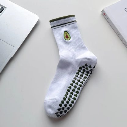 Elevate Your Yoga Practice with Stylish Cherry Embroidered Cotton Yoga Socks - Non-Slip Grip for Ultimate Comfort