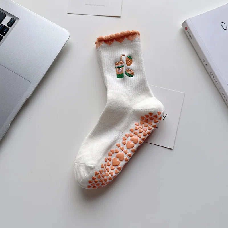 Elevate Your Yoga Practice with Stylish Cherry Embroidered Cotton Yoga Socks - Non-Slip Grip for Ultimate Comfort
