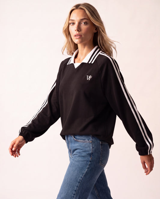 Contrast Striped Lapel Collar Sweatshirt