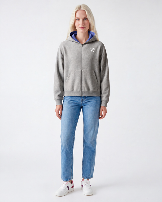 Contrast Plaid Boxy Zip Hoodie